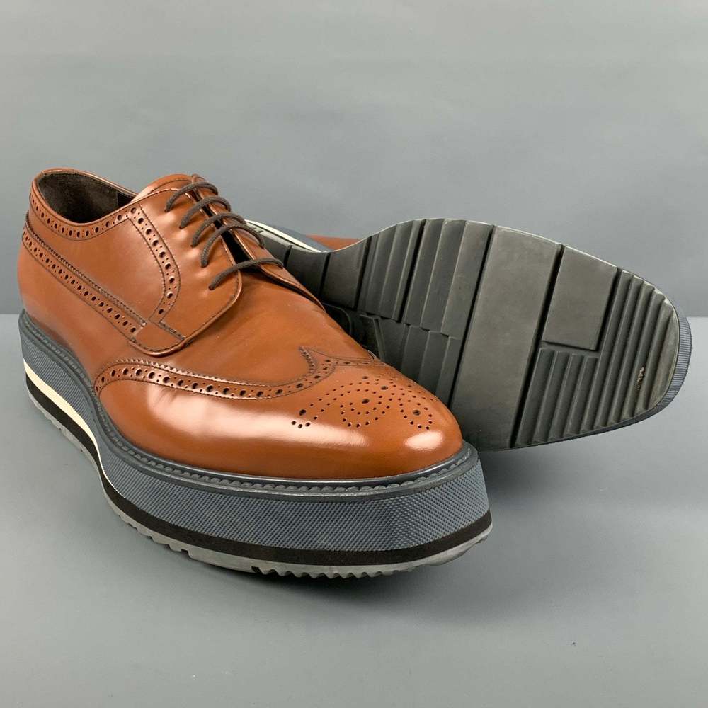 PRADA Tan Perforated Leather Wingtip Lace Up Shoes - Picture 5 of 8